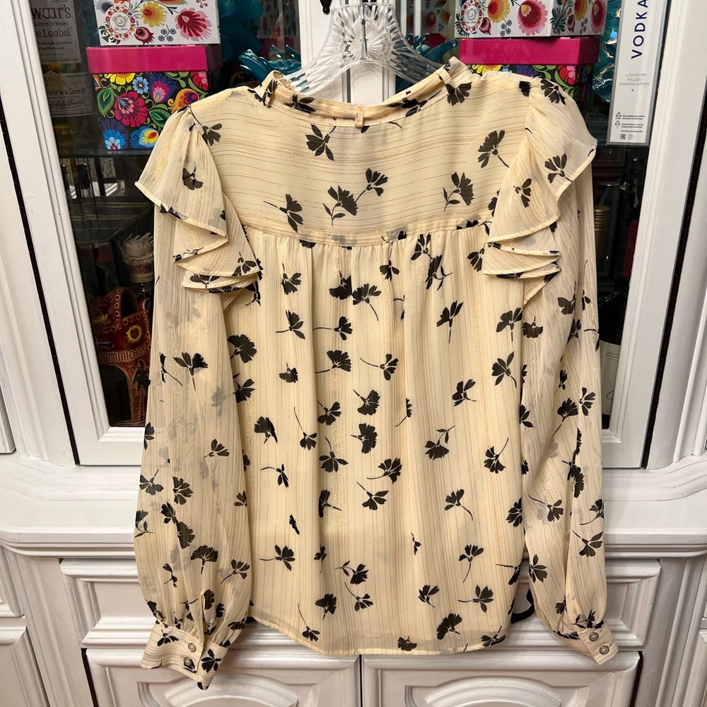DKNY Ivory Blouse with Black Leaf Print and Gold Thread M - Picture 8 of 13